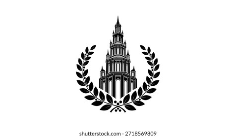 Se trata de un emblema monocromo clásico y elegante con una torre detallada engastada dentro de una corona de laurel. El diseño evoca una sensación de victoria, herencia y arquitectura atemporal. Ideal para históricos