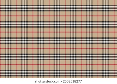 This classic plaid pattern features intersecting lines in beige, black, white, and red, creating a timeless tartan design. Ideal for fabric, fashion, and home decor, this seamless vector illustration