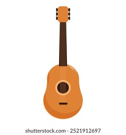 This classical acoustic guitar is standing up, showing its beautiful wooden body and six strings