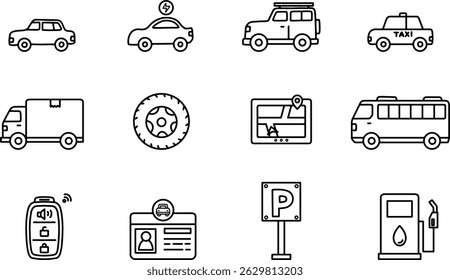 Este es un conjunto de iconos de línea negra limpia con 12 vehículos y Elementos de conducción. El diseño minimalista es perfecto para la interfaz de usuario, documentación y Plantillas de impresión.