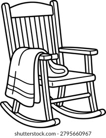 This clean black and white illustration features a traditional rocking chair, perfect for nursery decor or home interior concepts. The simple outline style makes it ideal for coloring pages, icons, and minimalist graphic design projects.
