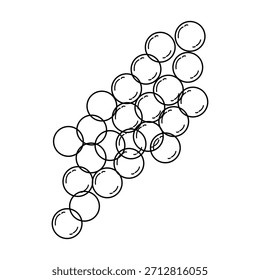Este arte lineal en blanco y negro presenta un grupo de círculos interconectados, que se asemejan a un racimo de uvas o una colección de burbujas. Es un diseño minimalista, abstracto y geométrico sobre un fondo blanco puro.