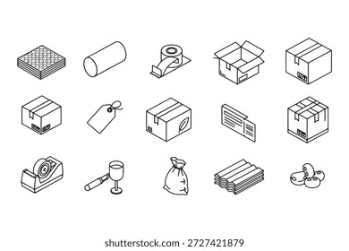 Este conjunto de iconos de línea blanca y negra limpia cuenta con varios Elementos de embalaje y envío, incluidas cajas de cartón, cinta de embalaje, etiquetas, materiales de embalaje, etiquetas, contenedores y suministros de protección. Diseñada en un estilo de Vector de contorno mínimo, esta ilustración es ideal para logística, servicios de entrega, gestión de almacenes, plataformas de comercio electrónico, infografías, Sitios web, App móviles, diseño de interfaz de usuario, presentaciones y materiales de impresión relacionados con las industrias de envío y embalaje.