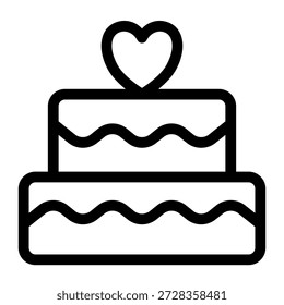 Diese saubere, schwarz-weiße Illustration zeigt einen feierlichen zweistufigen Kuchen mit einer einfachen Herzform, ideal zum Gedenken an Hochzeiten, Jahrestage oder romantische Ereignisse in digitalen Designprojekten.