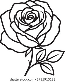 This is a clean, black and white line art illustration of a classic blooming rose flower on a short stem. The design features a fully opened rose bud at the top with gracefully overlapping petals that spiral tightly toward the center. Below the bloom, a small section of stem extends downward, showing subtle thorns and a small branch supporting three simple, pointed leaves with visible center veins. With its bold, unshaded black outlines and clean white interior, this vector graphic is perfect for a coloring book page, minimalist tattoo design, embroidery stencil, or vinyl cutout pattern.