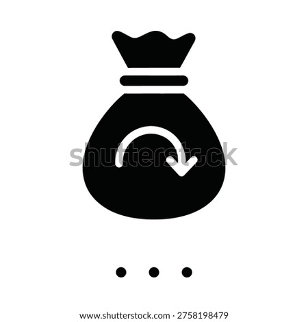 This clean, black and white vector icon represents a money bag with a refund arrow. Ideal for finance, e-commerce, or service-oriented businesses seeking to visually communicate returns or reimbursements. Perfect for website icons, app interfaces, or marketing materials.