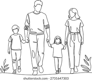 Diese klare schwarz-weiße Linienzeichnung zeigt eine vierköpfige Familie, die Hand in Hand geht und Einheit, Fürsorge und Zusammengehörigkeit symbolisiert. Sie ist ideal für Eltern, Familie und emotionale Bilder zum Thema Verbindung.