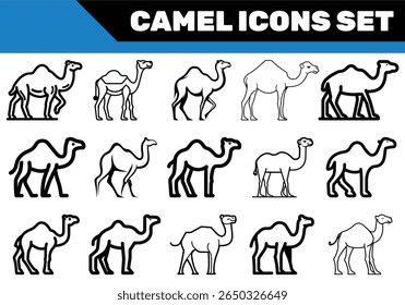 This clean collection showcases fifteen stylized camel icons in black and white. The minimalist designs feature varied poses on a clean background.