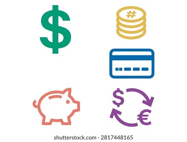 This clean and colorful vector illustration features a collection of essential financial and banking icons, including a green dollar sign, a stack of gold coins, an orange piggy bank, a blue credit card, and a purple currency exchange symbol. Designed in a modern flat style, these versatile financial graphics are ideal for banking applications, financial websites, budgeting tools, ecommerce platforms, or any business project related to money management and economic services.

#FinancialIcons #BankingDesign #MoneyManagement #CreditCardIcon #PiggyBank #CurrencyExchange #BusinessGraphics #VectorIcons #EconomySymbols #DigitalFinance