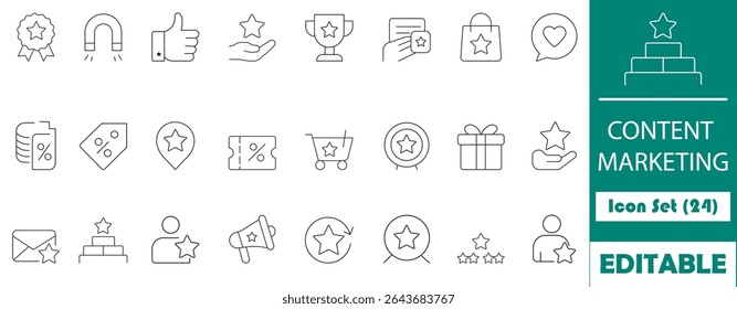 This clean and editable 24-icon line set illustrates key content marketing elements like SEO, engagement, and loyalty—perfect for digital campaigns and branding visuals.
