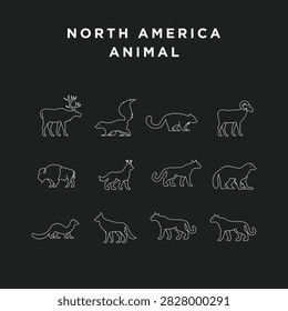 This clean graphic features a collection of twelve minimalist white line art illustrations depicting various North American animals, set against a sleek black background. Ideal for educational materials, nature-themed designs, or any project requiring modern animal icons, these simple yet recognizable outlines showcase the diverse wildlife of the continent.