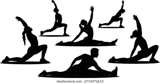 Este gráfico limpio presenta a seis personas diversas en diferentes posiciones activas de yoga y estiramiento, ideales para ilustrar el bienestar o el estado físico.