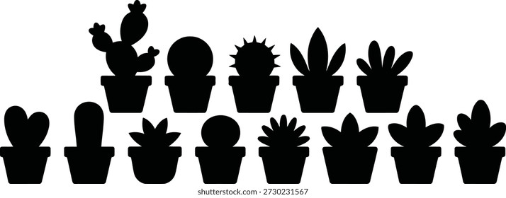 Este gráfico limpio presenta una variedad de siluetas negras para plantas suculentas y de cactus en macetas, ideales para aplicaciones de diseño moderno.