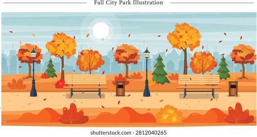 This clean, horizontally oriented flat vector illustration captures a scenic autumn day in a metropolitan park, titled 