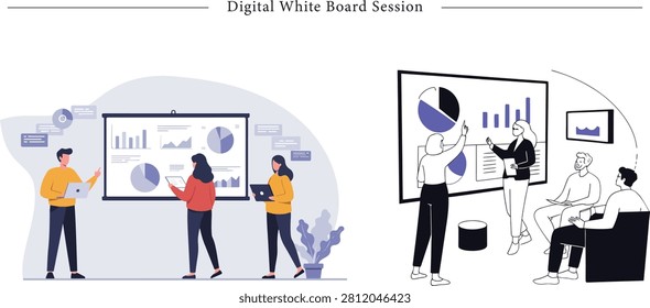This clean, horizontally oriented flat vector illustration depicts modern workplace data analysis and business collaboration under the header 