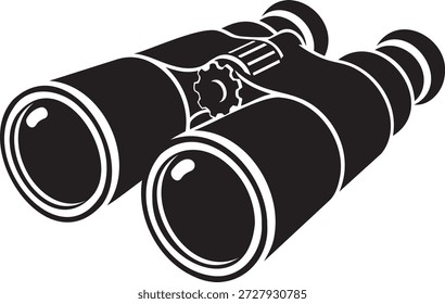 Esta silhueta preta limpa e icônica sobre um fundo branco apresenta um par clássico de binóculos. Ideal para temas relacionados à observação, exploração, descoberta, viagens e o grande exterior.