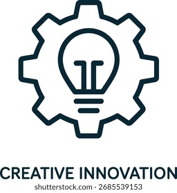 Este icono de arte lineal limpio representa visualmente la innovación creativa. Una bombilla, un símbolo de ideas, se coloca dentro de un engranaje, simbolizando el proceso y el mecanismo, perfecto para los conceptos comerciales o tecnológicos.