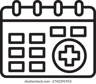 This clean line art vector illustration features a calendar icon combined with a medical cross symbol. The design effectively represents healthcare scheduling, medical appointments, and health planning. It is an ideal graphic element for websites, mobile applications, and presentations related to hospitals, clinics, and personal health management systems. The simple outline style ensures versatility and clarity across various platforms. This icon conveys concepts like booking doctor visits, managing medication schedules, or tracking health-related events. It serves as a clear visual cue for medical appointment reminders and healthcare services, making it perfect for modern digital interfaces.
