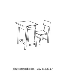 Este desenho de linha limpa retrata uma carteira escolar e cadeira clássicas, perfeitas para recursos educacionais, campanhas de volta à escola ou ilustrações educacionais.