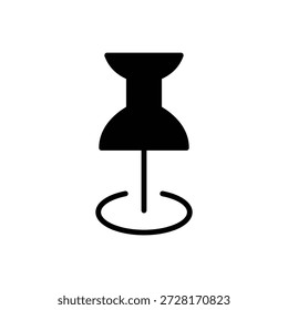 Se trata de un icono negro limpio y minimalista que representa un pin o chincheta. La silueta negra sólida presenta la característica cabeza circular de un pasador, que se estrecha hacia la parte superior, con un pasador recto que se extiende hacia abajo. Una línea circular sutil y abierta en la parte inferior sugiere el acto de estar anclado o resalta un lugar designado, comúnmente utilizado para marcar una ubicación específica en un mapa, indicar información importante o adjuntar documentos a un tablón de anuncios. Este gráfico de Vector es ideal para interfaces de usuario, presentaciones, materiales educativos o cualquier diseño que requiera un indicador claro de "pin" o "ubicación".