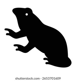 This is a clean, minimalist black silhouette of a frog. The amphibian is depicted in profile, with its body slightly hunched and its front legs extended.