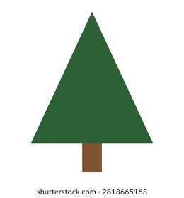 This is a clean and minimalist graphic illustration of a simple pine tree featuring a basic green triangle top with a solid brown rectangular trunk base isolated on a white background. This flat design is perfect for holiday themes or nature projects.