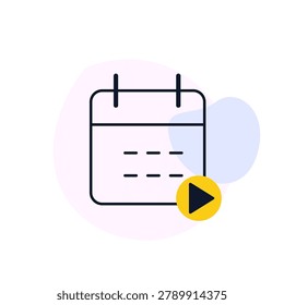 This clean minimalist icon features a black line art calendar graphic with a small yellow play button overlay. Soft abstract pastel blobs in shades of pink and blue sit behind the central icon on a plain white background. It is ideal for project management scheduling or video content release dates.