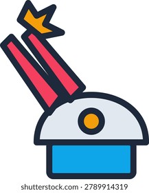 This clean minimalist illustration features a modern naval artillery turret with two vibrant red barrels firing upwards. The design includes a sleek gray dome and a solid blue base, highlighted by a yellow muzzle flash. It is perfect for military themed user interface designs, gaming icons, or naval defense graphics.
