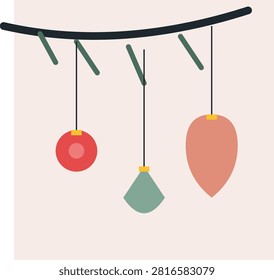 This clean minimalist illustration features three distinct abstract Christmas ornaments hanging from a simple evergreen pine branch. The geometric shapes include a red sphere, a teal diamond, and a peach teardrop. Set against a soft pink square background, this modern festive design is perfect for contemporary holiday cards and decorations.