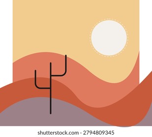 This clean minimalist illustration showcases a stylized desert scene with layered wavy sand dunes in earth tones. A simple black line saguaro cactus stands prominently in the foreground while a large white circular sun glows in the yellow sky. The contemporary design uses geometric shapes for a modern artistic look.