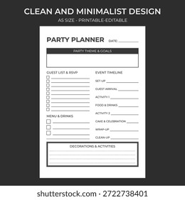 Este design de planejador de festa limpo e minimalista fornece um layout abrangente para a organização de eventos. Ele apresenta seções para temas objetivos lista de convidados um cronograma de eventos detalhados e planejamento de menu. Perfeito para casamentos de festas de aniversário ou eventos corporativos, este A5 monocromático imprimível ajuda a manter todos os detalhes da celebração organizados em um só lugar.
