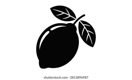 This clean minimalist vector graphic showcases a black silhouette of a single fresh lemon with two detailed leaves attached to its stem. The high contrast design is set against a stark white background making it perfect for modern food logos or orga.