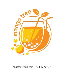 Diese saubere und minimalistische Vektorgrafik zeigt eine lebendige orange-gelbe Farbpalette, die ein frisches Mangosaftgetränk darstellt. Das zentrale Element ist ein stilisiertes Glas, das mit dem Getränk gefüllt ist, komplett mit Blasen und einem Stroh. Das Design integriert geschickt den Umriss einer Mangofrucht hinter dem Glas und betont die Hauptzutat. Oberhalb des Strohhalms tragen zwei kleine Blätter dazu bei, das Thema Frische und Natur zu vertiefen. Der Text "Mango-Baum" ist um den oberen Teil des Designs gewölbt und identifiziert die Marke. Dieses Logo-Konzept eignet sich ideal für eine Saftbar, ein Reformhaus oder ein Unternehmen, das sich auf tropische Fruchtgetränke spezialisiert hat.