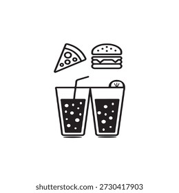 Dies ist eine saubere, minimalistische Vektorgrafik mit einer Auswahl an beliebten Fast Food und erfrischenden Getränken. Das Kunstwerk verwendet einen fetten, schwarzen Umriss, kombiniert mit lebendigen Farbtupfern.