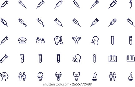 Este estoque limpo e minimalista mostra ícones contornos, incluindo seringas, um telefone fixo e sintomas como espirros e alta temperatura. Incluem-se também os copos de laboratório e os tubos de ensaio.