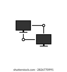 This clean, modern flat vector illustration depicts two computer monitors connected in a network arrangement via circular node points. Designed with dark grey screens and bold black outlines against a solid white background, this versatile graphic represents local area networks (LAN), peer-to-peer data sharing, system connectivity, and IT infrastructure. It is ideal for tech websites, software UI icons, presentation slides, and digital network concepts.

#ComputerNetwork #DataSharing #LAN #TechIcon #VectorGraphic #FlatDesign #ITInfrastructure #SystemConnection #GraphicDesign #UIUXDesign