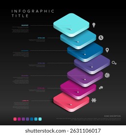 Este modelo infográfico limpo e moderno apresenta camadas 3D coloridas empilhadas, perfeitas para apresentar dados empresariais passo a passo. Use este modelo infográfico elegante para visualizar qualquer processo