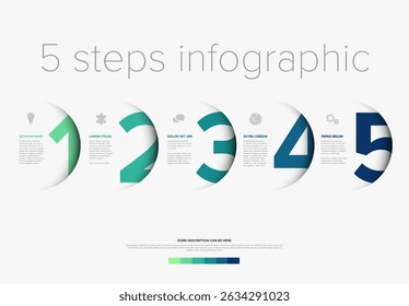 This clean, modern infographic template clearly illustrates a sequence of 5 steps. Utilize this versatile infographic design to visualize important steps in a horizontal layout.