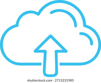 Este icono de arte lineal limpio y moderno representa el concepto de cargar datos al almacenamiento en la nube. El diseño presenta un estilizado contorno de nube en un vibrante color azul, con una flecha que apunta hacia arriba que se origina desde abajo y se dirige hacia la nube. La estética minimalista con las líneas azules brillantes contra un fondo blanco nítido lo hace altamente versátil para su uso en interfaces de usuario relacionadas con la tecnología, Sitios web, presentaciones y aplicaciones, que representan acciones como copia de seguridad de datos, transferencia de archivos o guardar información en servicios en línea.