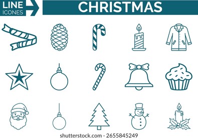 Dies ist ein sauberer und moderner Satz von Weihnachtslinien-Icons im EPS-Format. Perfekt für Urlaubskarten, Webdesign, Einladungen, Poster und saisonale Projekte. Einschließlich Weihnachtsbaum, Geschenk, Schneemann, Kranz