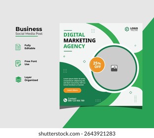 This clean and modern social media post template is ideal for digital marketing agencies and creative businesses. Designed with vibrant green and white tones, this layout is fully editable.