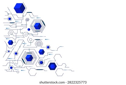 This clean, modern vector graphic showcases an abstract technological network background isolated on a crisp white backdrop. Featuring a dynamic layout of dark blue linear circuits, geometric hexagons, and three-dimensional block structures, the illustration visualizes high-tech concepts like decentralized blockchain architecture, artificial intelligence, and cloud data streams. The design is strategically concentrated on the left side, leaving a vast, open copy space on the right that makes it an excellent choice for corporate presentation slides, website landing pages, and tech blog banners.#TechArchitecture #BlockchainDesign #DigitalNetwork #DataStructure #WhiteBackgroundTech #VectorIllustration #CyberInfrastructure #AbstractGeometry #HighTechBanner #CloudComputing