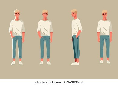 Este é um vetor limpo, moderno ilustração de um personagem masculino elegante com cabelo loiro, vestido com uma roupa casual simples e minimalista. O design possui vistas frontais e laterais,