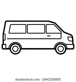 Esta ilustração de contorno limpo representa uma van comercial de passageiros, perfeita para representar serviços de transporte e entrega.