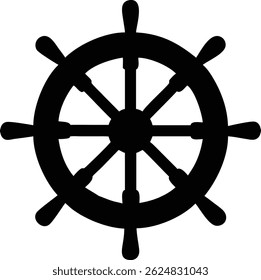 This clean silhouette features a centered single ship wheel with eight handles, rendered in solid black against a stark white backdrop, offering a simple, timeless naval symbol.