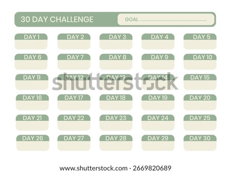 This clean and simple 30 day challenge template provides organized spaces for tracking daily goals and activities, promoting personal growth and accountability.