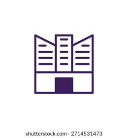 This clean and simplified architectural icon represents a modern building or office complex with its geometric form and refined style. It conveys themes of urban development, corporate structure,
