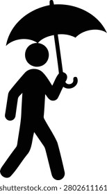 This clean vector graphic design illustrates a solitary person walking outdoors holding an umbrella for weather protection.