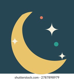 This clean vector graphic features a large yellow crescent moon accompanied by sparkling white four-pointed stars. Small colorful dots representing distant planets add detail to the deep navy blue night sky. This modern, minimalist celestial design is perfect for children's decor, stationery, space-themed projects, and serene nighttime visual branding layouts.