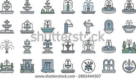 This clean vector icon collection features a comprehensive assortment of water fountain designs, public park utilities, and landscape architecture elements rendered in a casual, hand-drawn doodle style. The illustration highlights essential urban design and plumbing concepts including classic multi-tiered stone fountains, modern public drinking water stations, park wash basins, wall-mounted waterspouts, courtyard statues, waterfall features, and decorative garden streams outlined with a uniform black stroke and filled with soft blue, grey, and green color tones. It presents a highly versatile asset for landscape architects, city planners, facility managers, and digital content creators looking to enhance their environmental or real estate media. These professional graphics are perfectly suited for integration into municipal park directories, smart city application interfaces, architectural landscaping presentations, and plumbing maintenance onboarding materials.